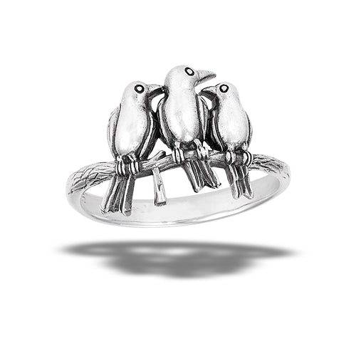 Three Blackbirds Sitting On Branch Sterling Silver Ring
