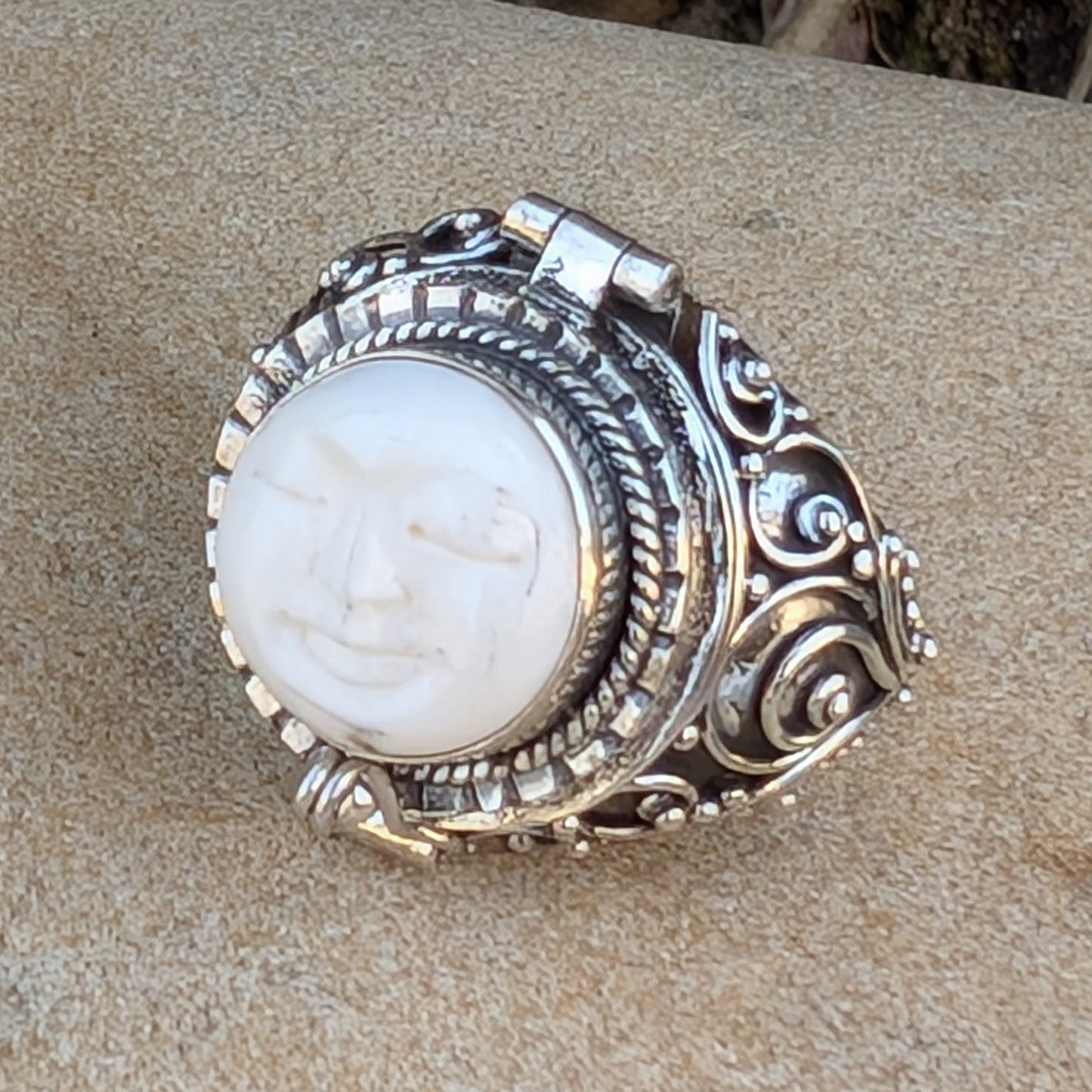 Moon Goddess Carved Bone Poison Ring in Sterling Silver