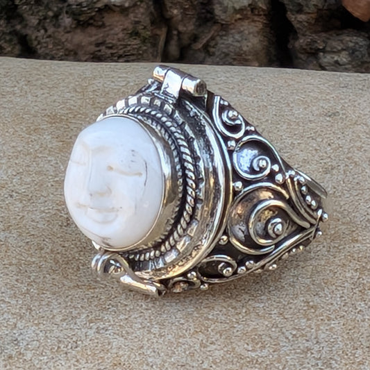 Moon Goddess Carved Bone Poison Ring in Sterling Silver