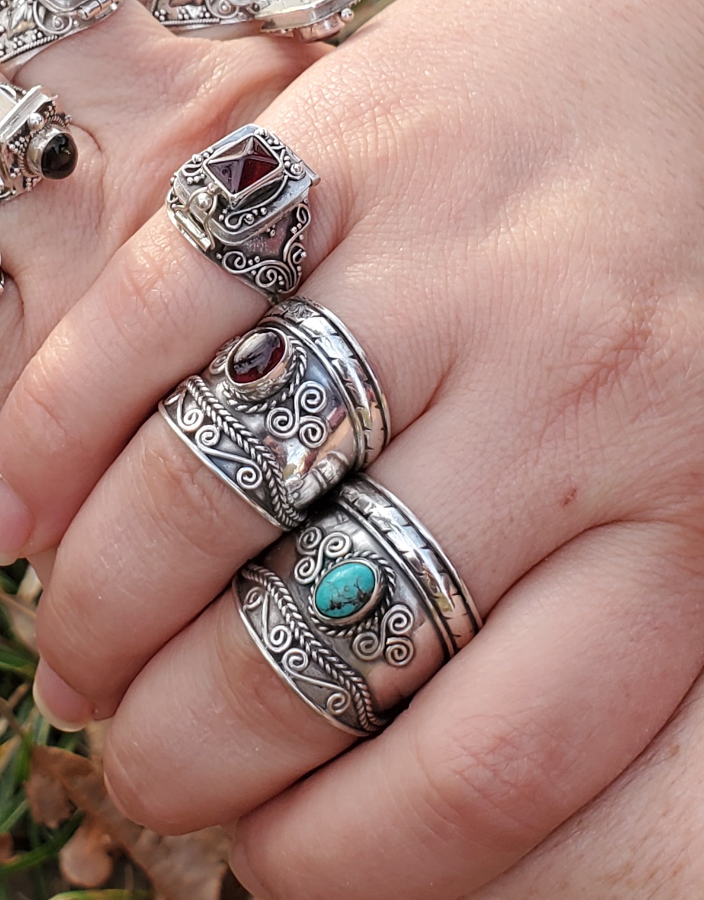 Sterling Silver Wide Armor Band Ring with Gemstone - Garnet or Turquoise