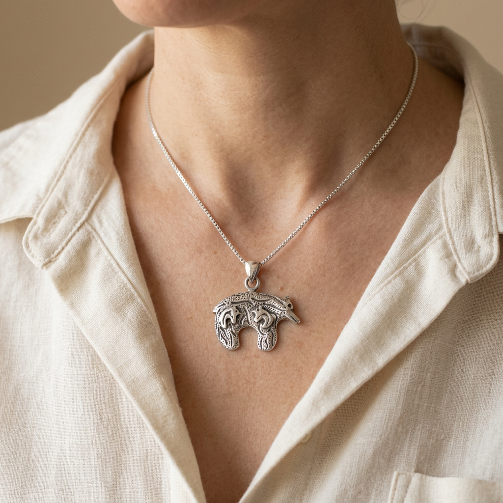 Sterling silver bear pendant worn on a display chain with a cream linen shirt.