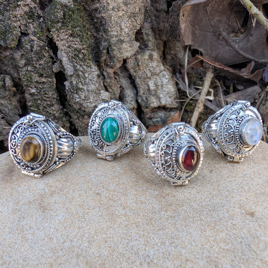 Medieval Eye - Gemstone Poison Box Locket Ring in Sterling Silver