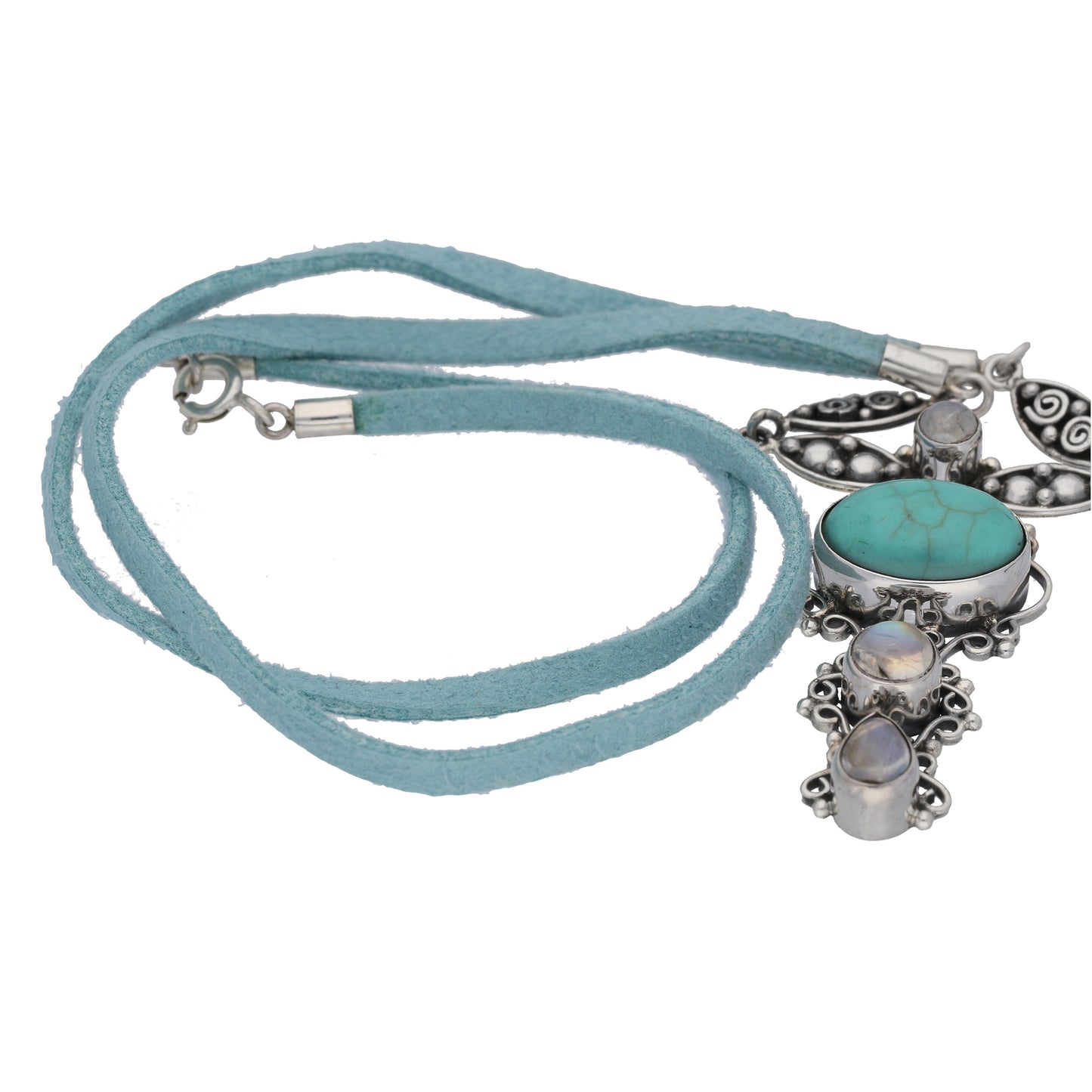 Turquoise and Rainbow Moonstone Sterling Silver and Suede Necklace