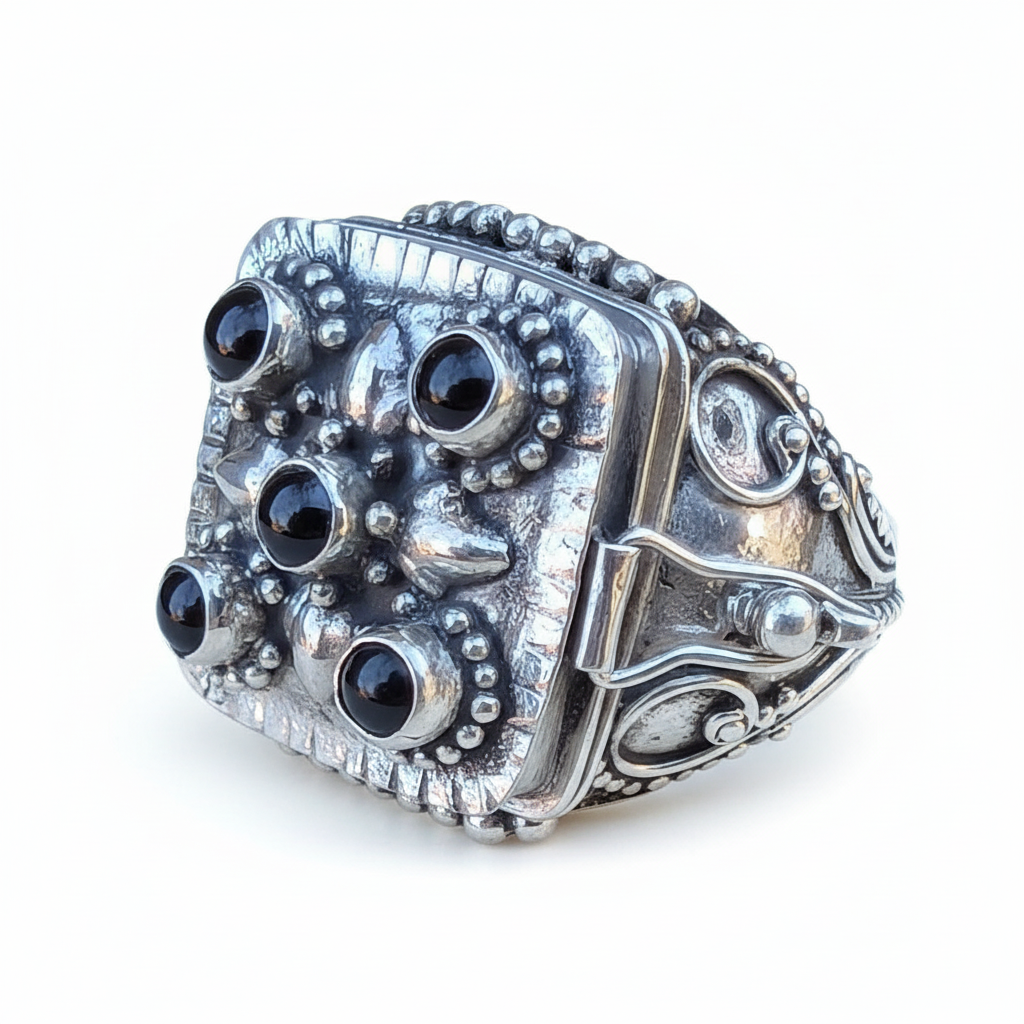 Gothic Large Square Poison Vessel Ring in Sterling Silver