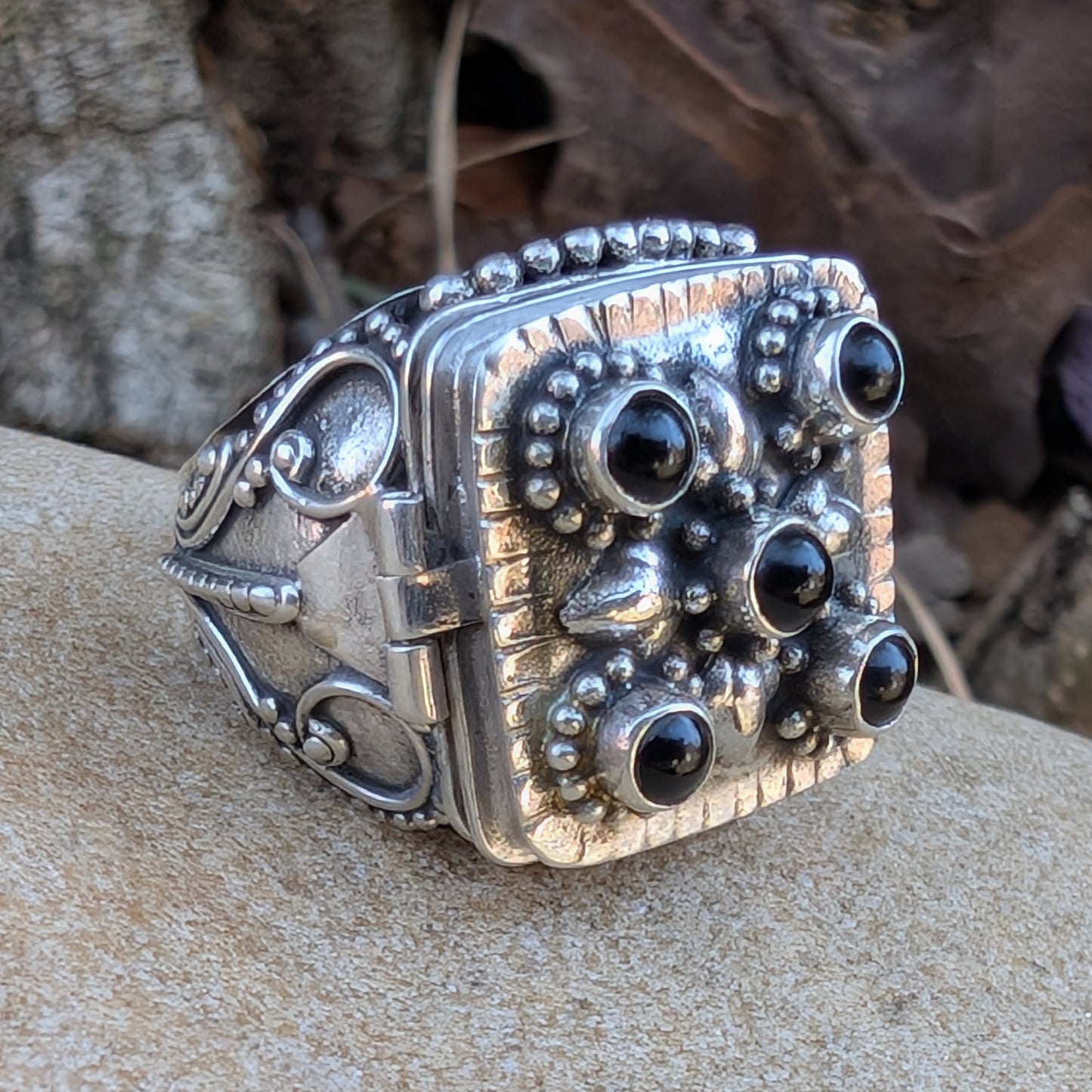 Gothic Large Square Poison Vessel Ring in Sterling Silver