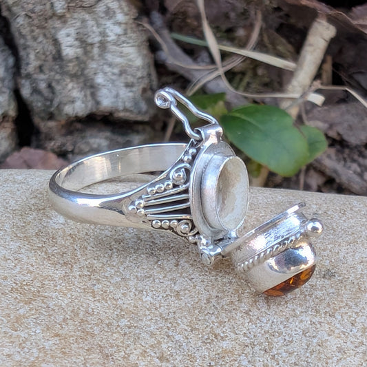 Roman Vessel Poison Ring - Sterling Silver and Gemstone