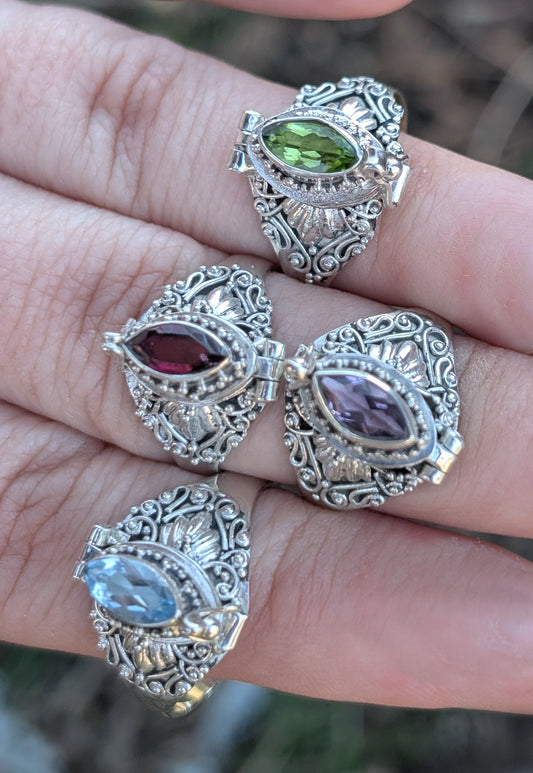 Marquise Faceted Gemstone Sterling Silver Poison Ring