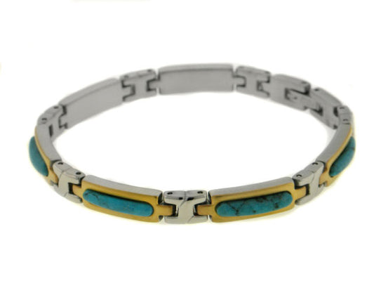 Stainless Steel Two Tone Turquoise Inlay Link Bracelet
