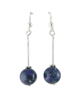 Straight Stick Drops and Genuine Blue Lapis Bead Sterling Silver Hook Earrings - Silver Insanity