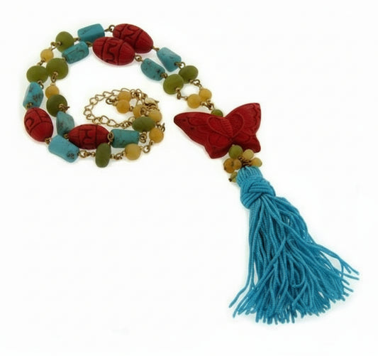DM Carved Red Faux Cinnabar Butterfly Tassel Necklace - Silver Insanity