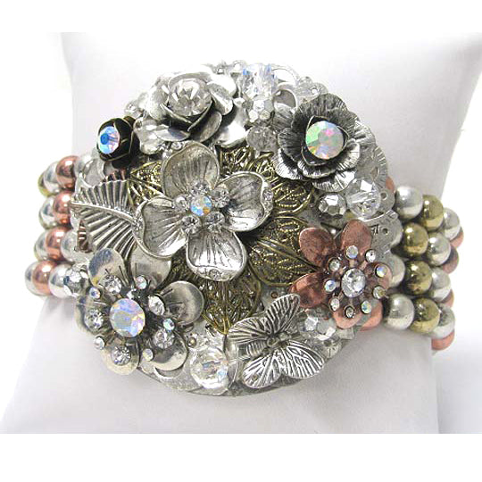 Crystal Flower Corsage with Silver, Gold and Copper Tone Beaded Stretch Bracelet - Silver Insanity