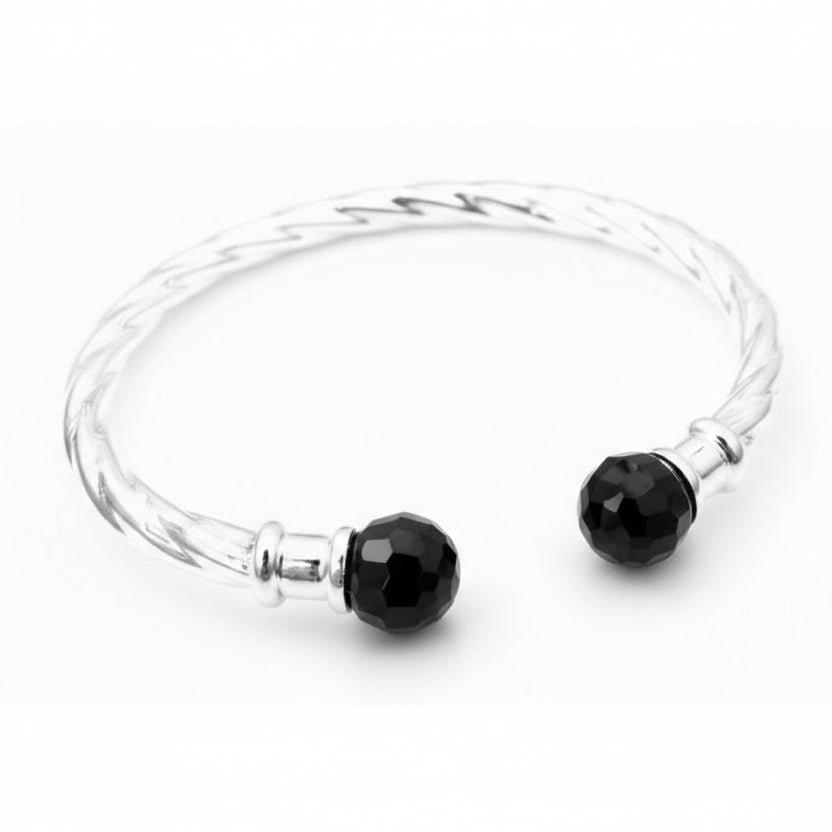 Hinged Sterling Silver Black Onyx Cable Cuff Bracelet - Silver Insanity