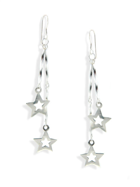 Sterling Silver Twisted Bar Stick and Star Drop Earrings - Silver Insanity