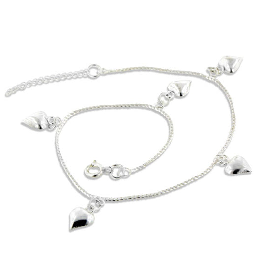Small Heart Charm Dangles - Sterling Silver 8.75" Chain Anklet - Silver Insanity
