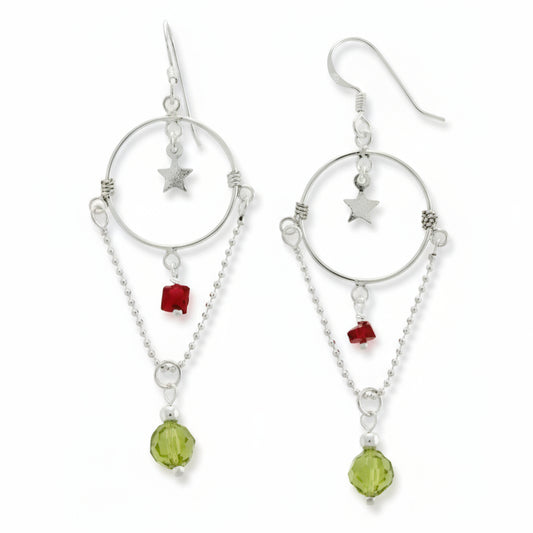 Hoop and Star Green Crystal Sterling Silver Earrings - Silver Insanity