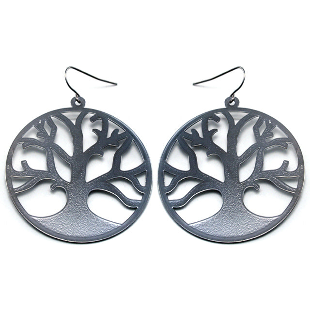 Bare Branches of Winter - Frosted Tree of Life Metal Disc Hook Earrings - Silver Insanity