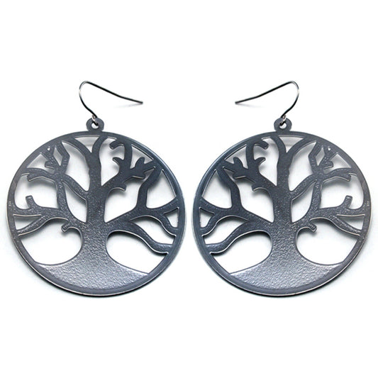Bare Branches of Winter - Frosted Tree of Life Metal Disc Hook Earrings - Silver Insanity