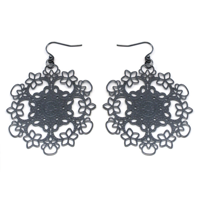 Dark Filigree Snowflake Metal Disc Hook Earrings - Silver Insanity