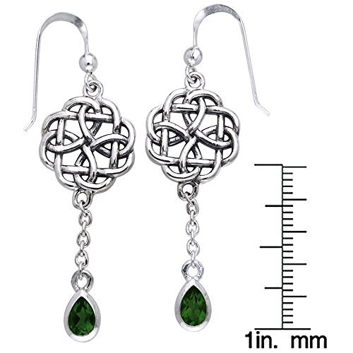 Sterling Silver Classic Irish Celtic Knot and Emerald-Green Glass Drop Earrings - Silver Insanity