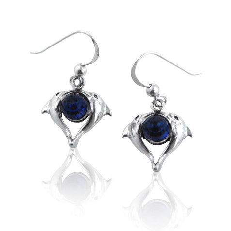 Heart Shaped Double Dolphin on Bermuda Blue Crystal Sterling Silver Hook Earrings - Silver Insanity