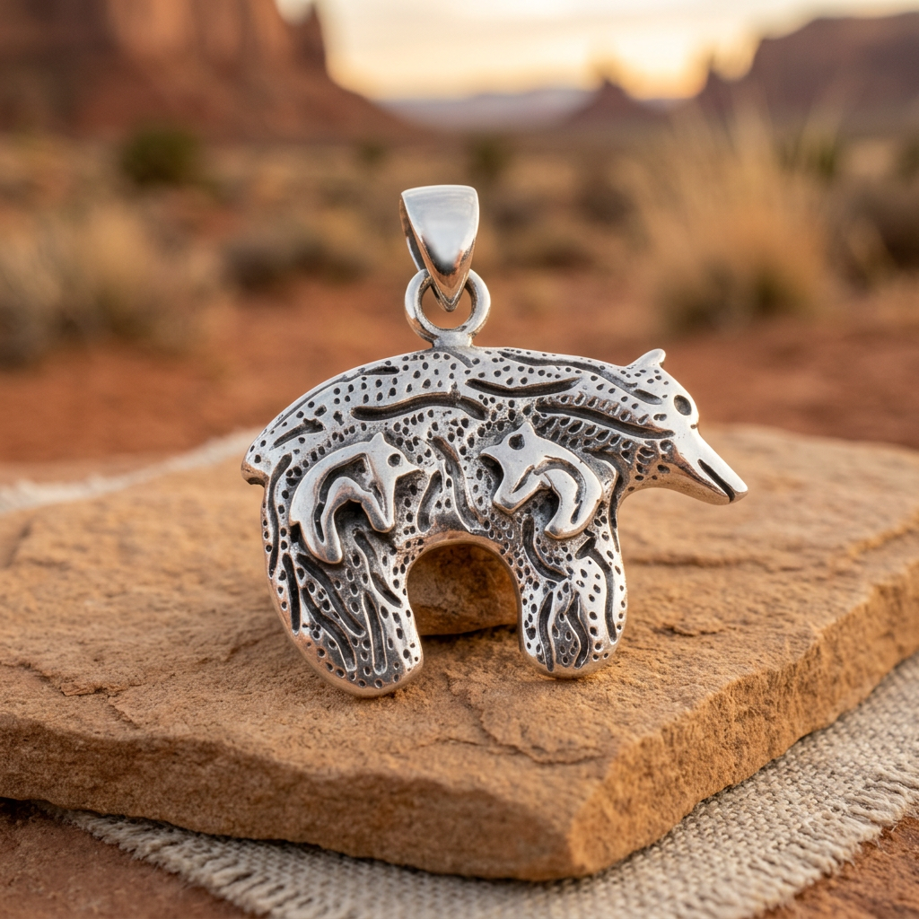 Textured silver bear pendant on sandstone with a softly blurred Southwestern desert backdrop.