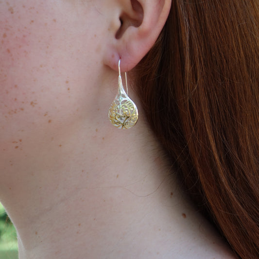 Filigree Teardrop Earrings in Sterling Silver with Gold Overlay