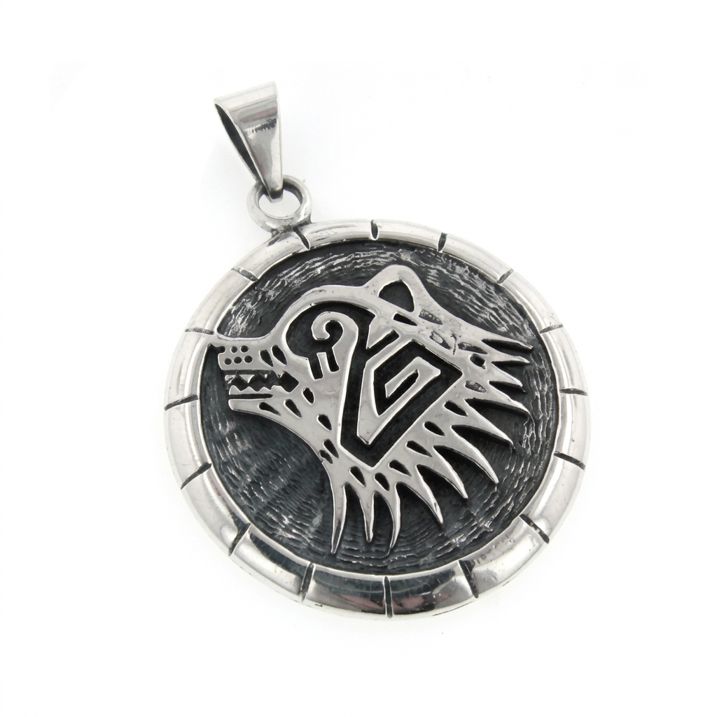 Round sterling silver pendant with an angular bear-head motif, dark textured recesses and a grooved rim.