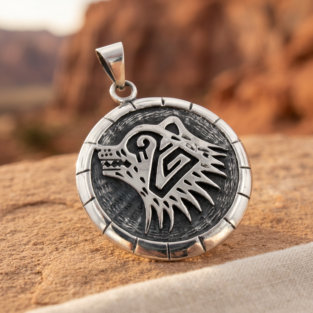 Round sterling silver bear-head pendant on sandstone with desert cliffs softly blurred behind.