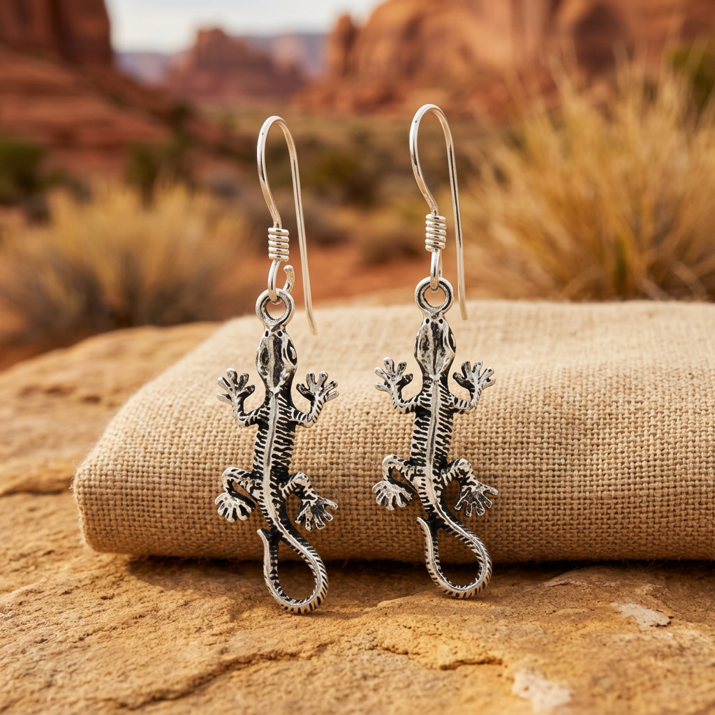 Silver lizard earrings displayed against linen on sandstone with desert cliffs in the background.