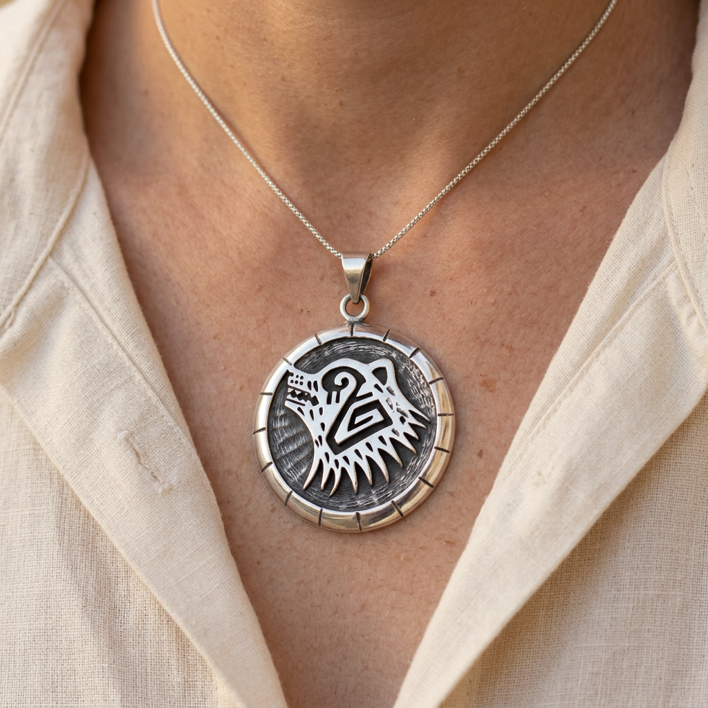 Round silver bear-head pendant worn on a display chain with a cream linen shirt.