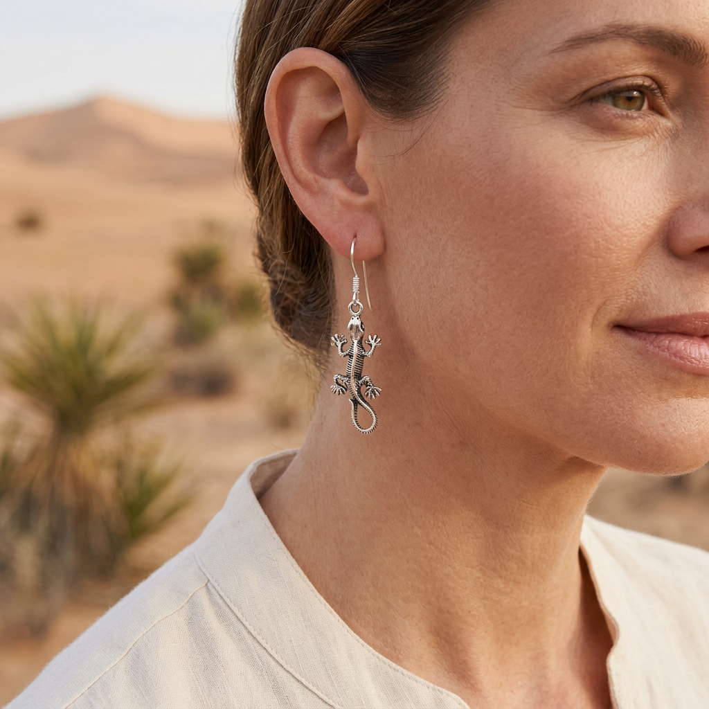 Sterling silver lizard French-hook earring worn with hair tucked behind the ear.