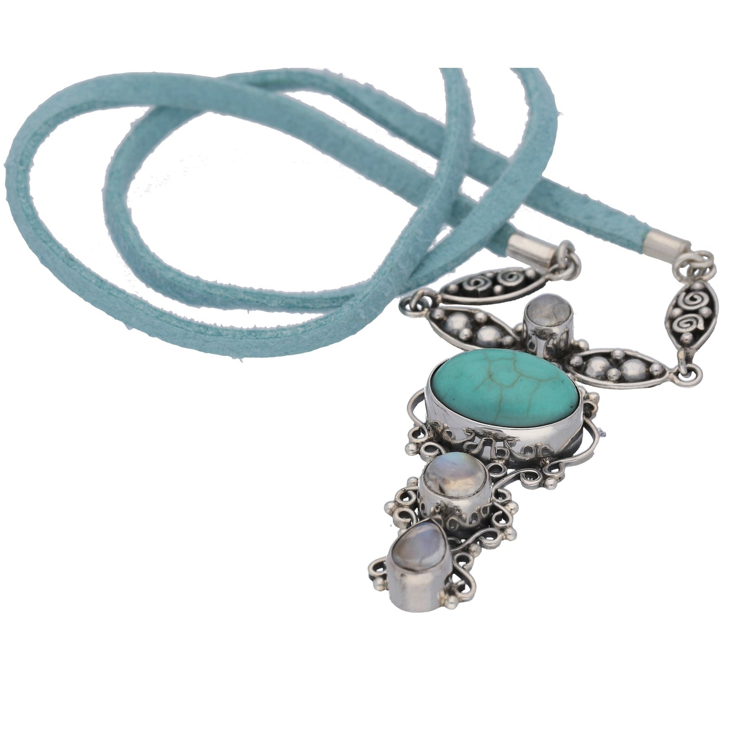 Turquoise and Rainbow Moonstone Sterling Silver and Suede Necklace