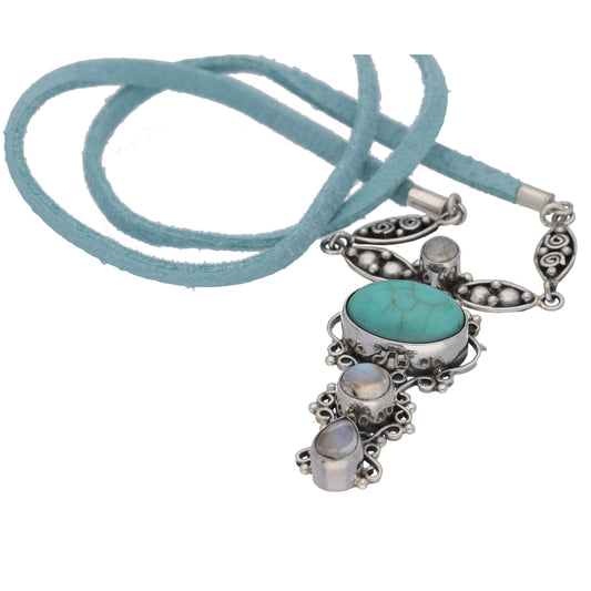 Turquoise and Rainbow Moonstone Sterling Silver and Suede Necklace