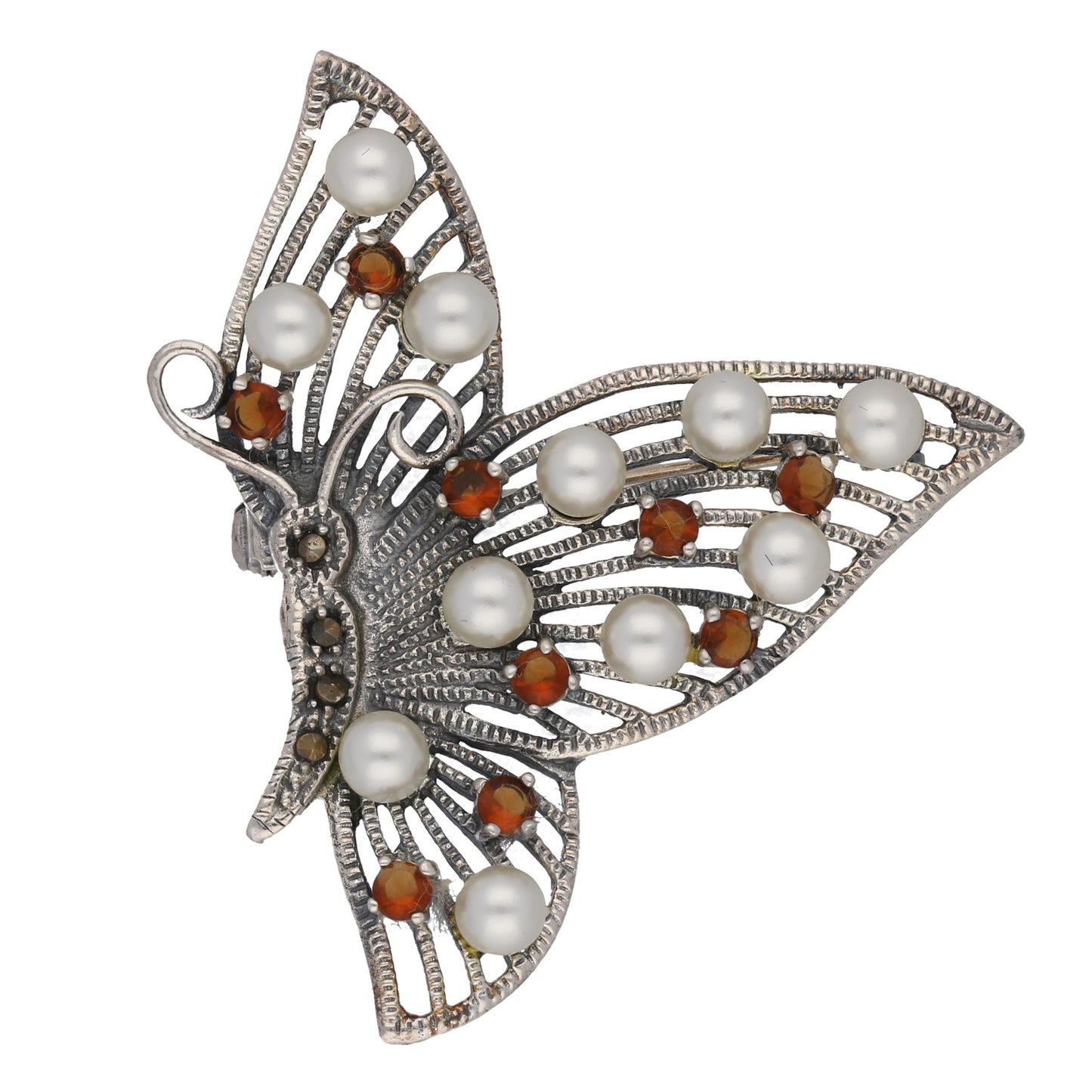 Sterling Silver Butterfly Pin Brooch w/ Red Glass and Simulated Pearl