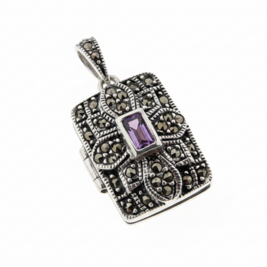 Amethyst and Marcasite Photo Locket Pendant Sterling Silver