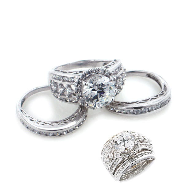 Sterling Silver 9mm CZ Wedding Ring 3-Piece Set - Silver Insanity