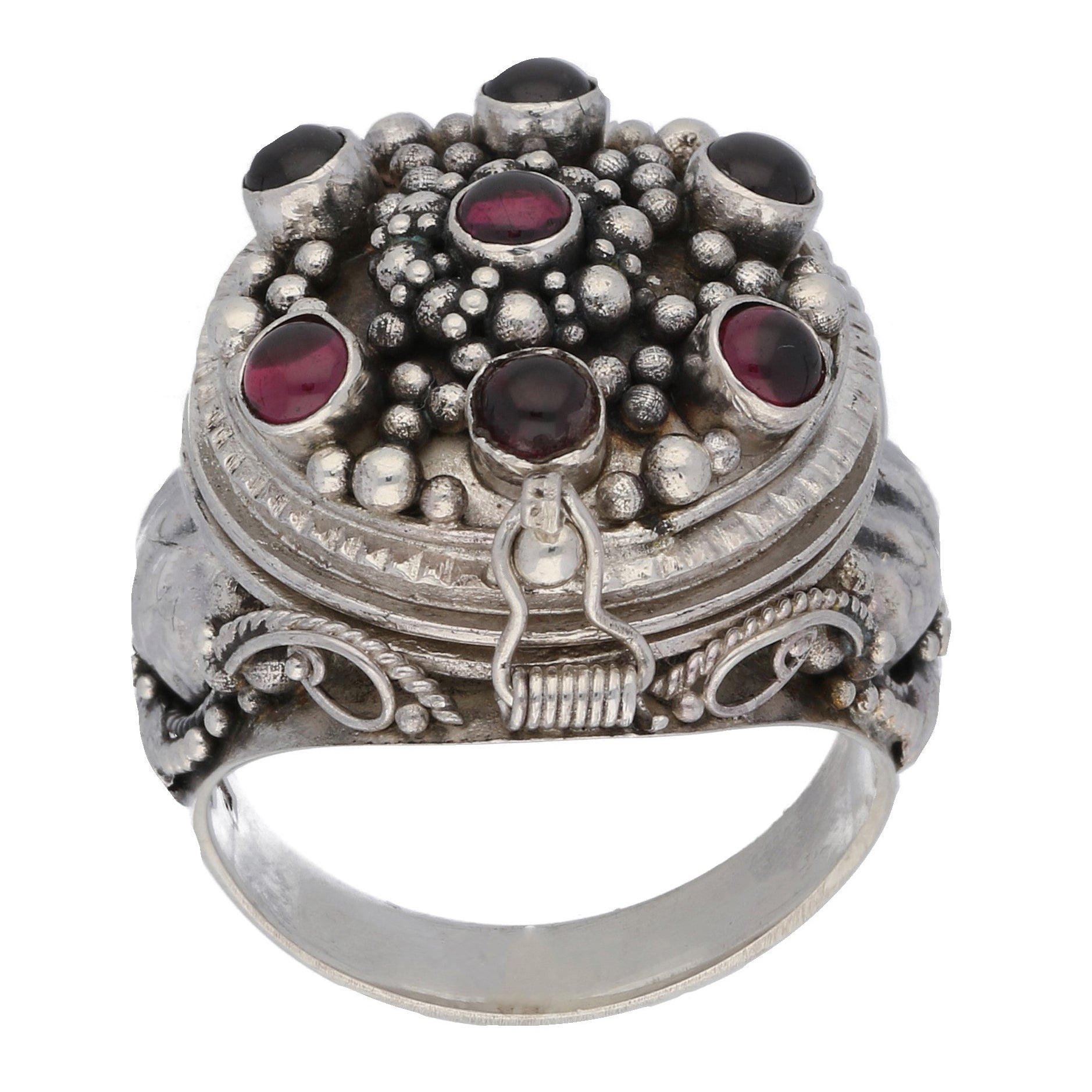 Large Sterling Silver Mystic Garnet Poison Locket Box Ring - Silver Insanity