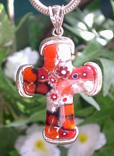 Red, Black, and White Millefiori Sterling Silver Cross Pendant - Silver Insanity