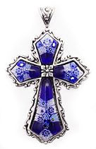 Sterling Silver Vintage BLUE MILLEFIORI Cross Pendant - Silver Insanity