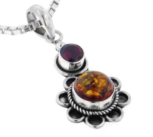 Genuine Amber and Garnet Sterling Silver Flower Pendant - Silver Insanity