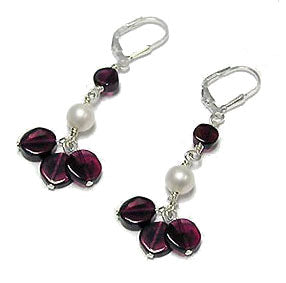 Genuine Garnet and Shell Gemstone Beaded Sterling Silver Leverback Earrings - Silver Insanity