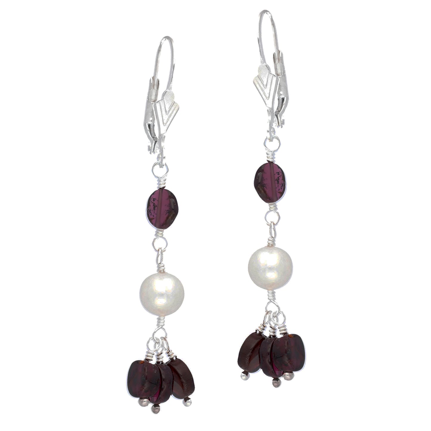 Genuine Garnet and Shell Gemstone Beaded Sterling Silver Leverback Earrings