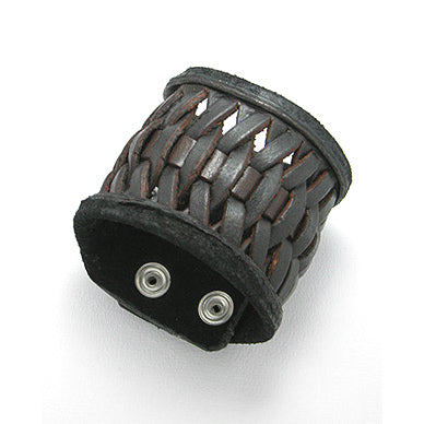 Woven Dark Brown Genuine Leather 2" Wide Cuff Bracelet Wristband, 7.5" - Silver Insanity