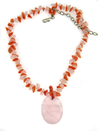 Genuine Rose Quartz and Peach Coral Chips Strand Adjustable 16" to 19.5" Necklace by R.J. Graziano - Silver Insanity