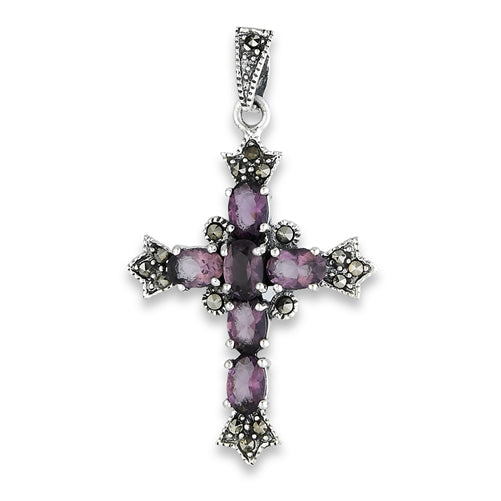 Sterling Silver Purple Glass and Marcasite Cross Pendant - Silver Insanity