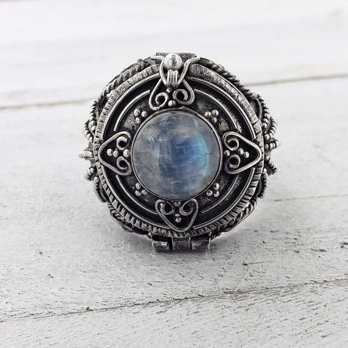 Large Round Rainbow Moonstone Poison Locket Ring