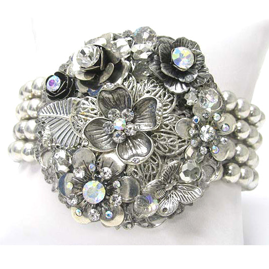 Aurora Borealis Flowered Corsage with Multi-Strand Silvertone Stretch Bracelet - Silver Insanity