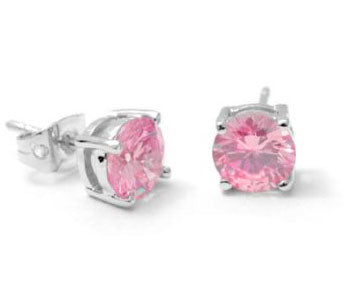 7mm Sterling Silver Pink Ice Round CZ Stud Post Earrings - Silver Insanity