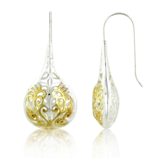 Sterling Silver Two Tone Filigree Teardrop Earrings - Silver Insanity