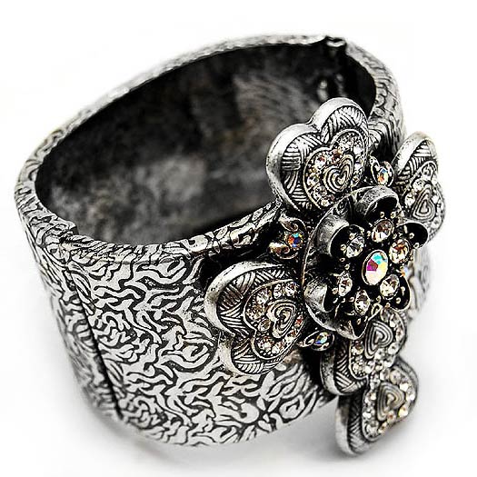 AB Crystal Heart Cross Silver-Tone Hinged Bangle Bracelet - Silver Insanity